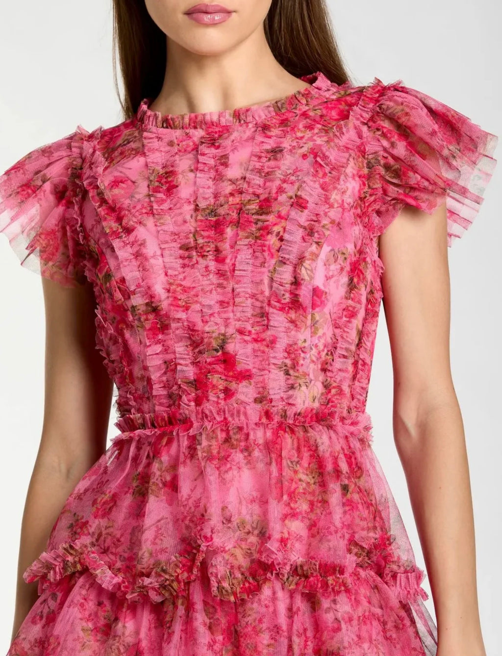 FLORAL MESH HIGH NECK RUFFLE MINI