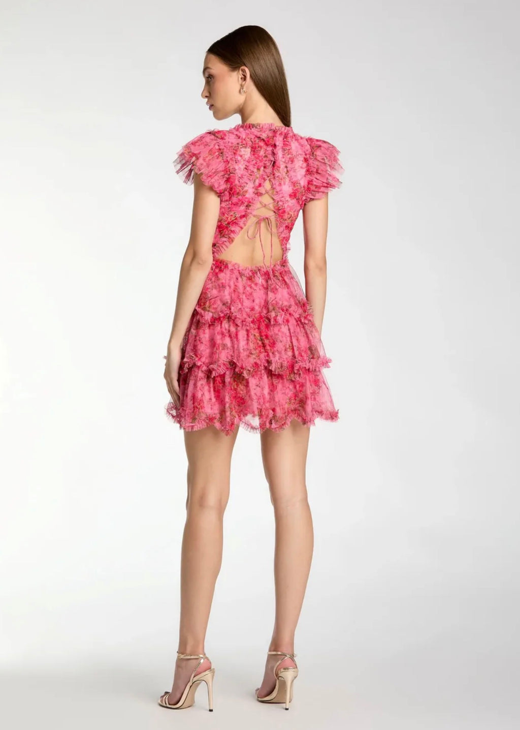 FLORAL MESH HIGH NECK RUFFLE MINI