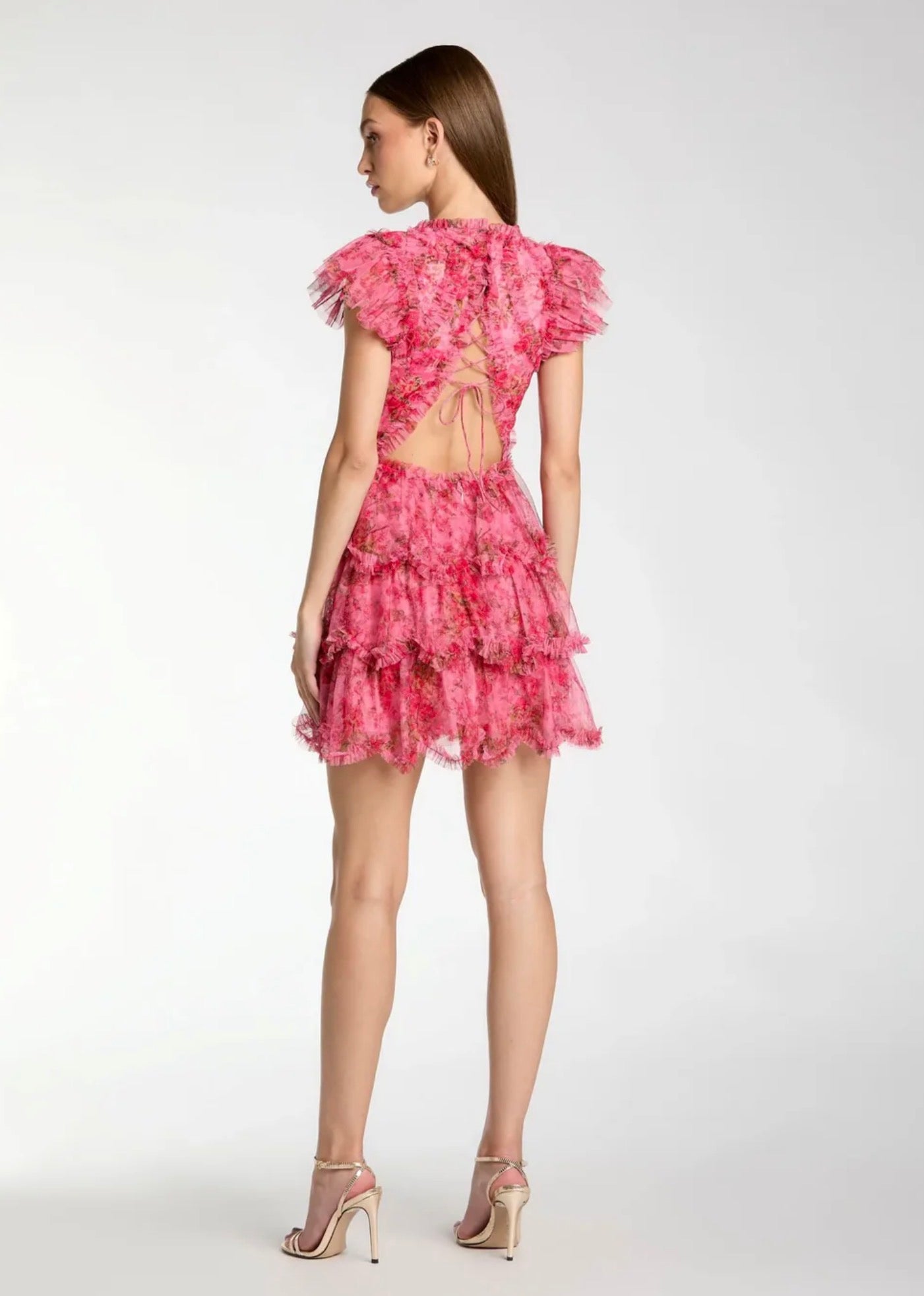 FLORAL MESH HIGH NECK RUFFLE MINI