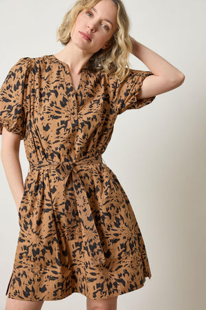 SHIRRED SLEEVE SPLIT NECK DRESS