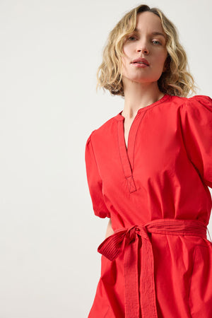 SHIRRED SLEEVE SPLIT NECK DRESS