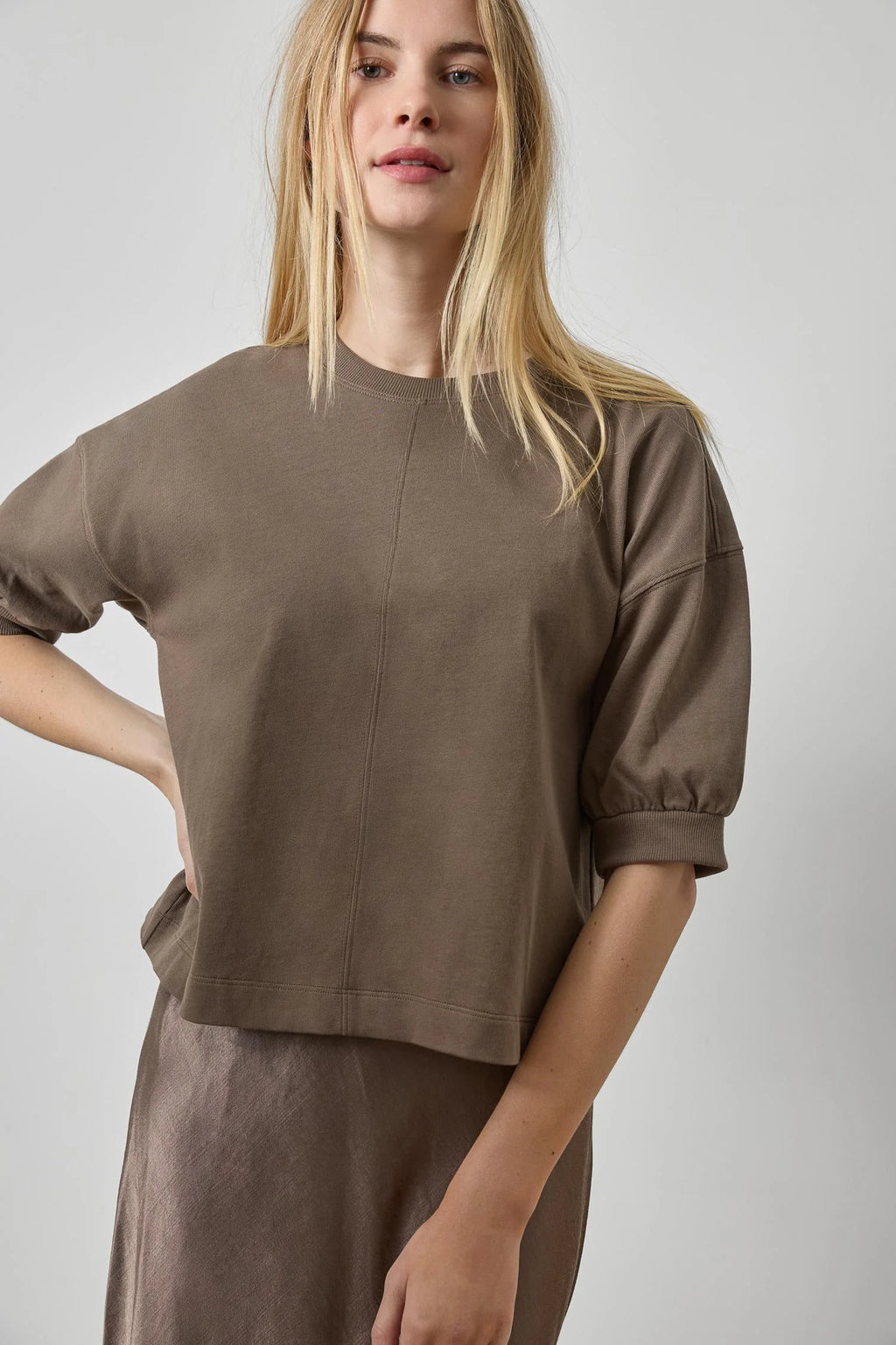HALF SLEEVE RIBBED TRIM SWEATSHIRT