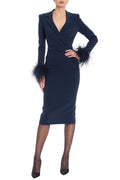 FEATHER TRIM BELTED SHEATH DRESS