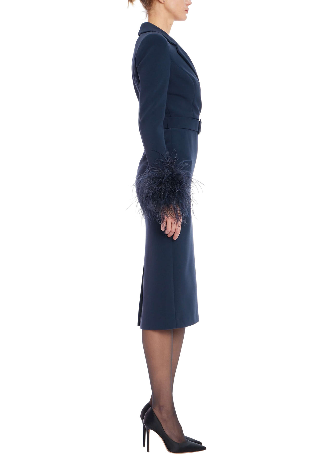FEATHER TRIM BELTED SHEATH DRESS