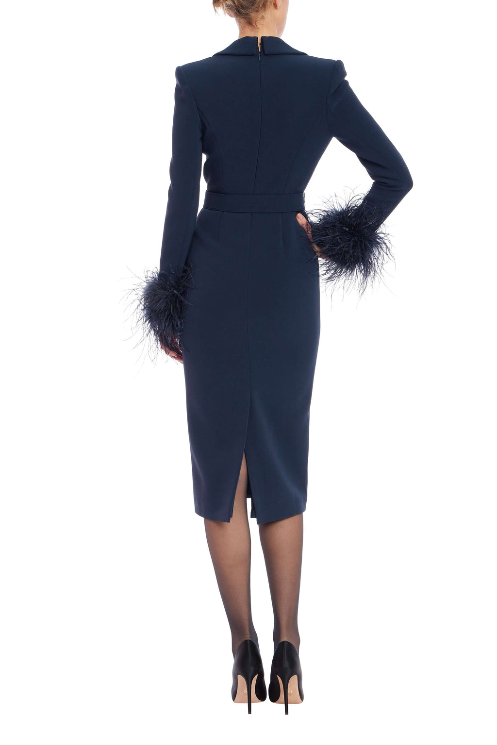 FEATHER TRIM BELTED SHEATH DRESS