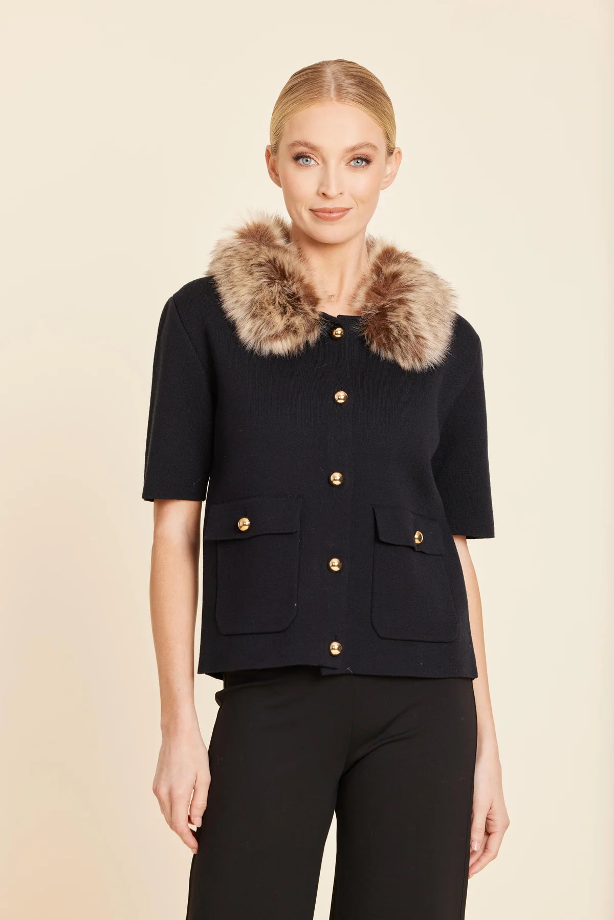 FAUX FUR TRIM CARDIGAN
