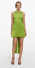 GREEN SATIN BOW MINI DRESS