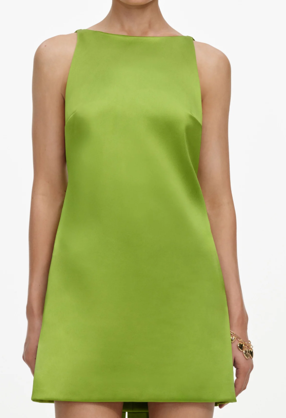 GREEN SATIN BOW MINI DRESS