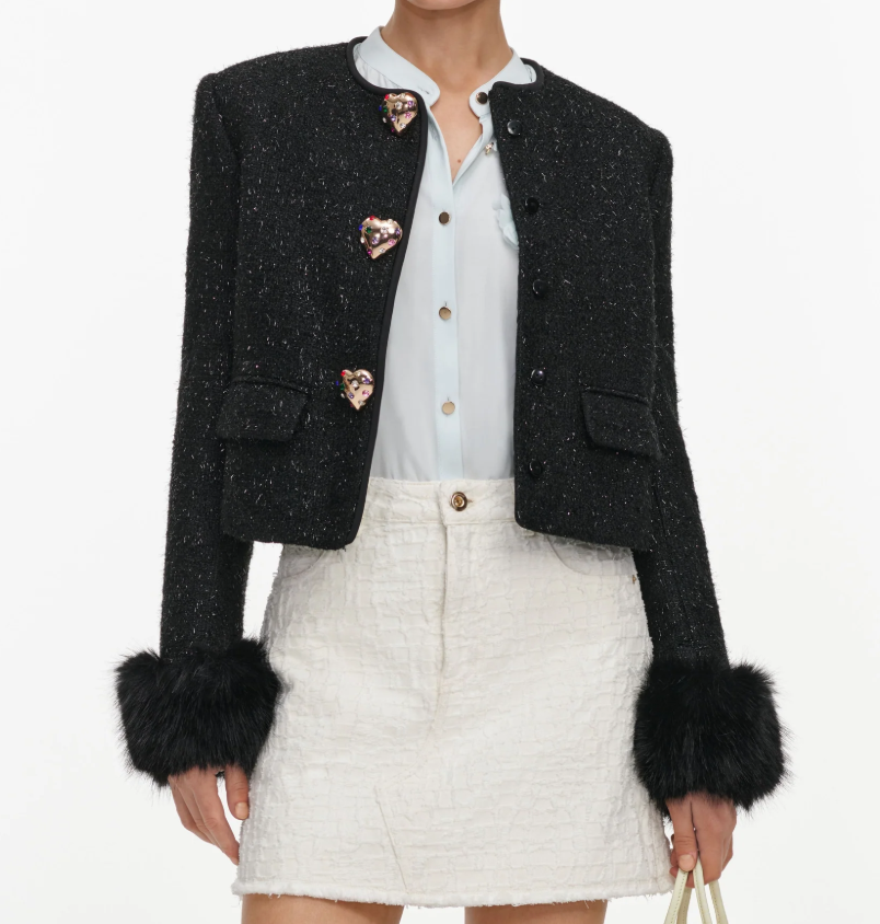 BLACK BOUCLE FUR CUFF JACKET