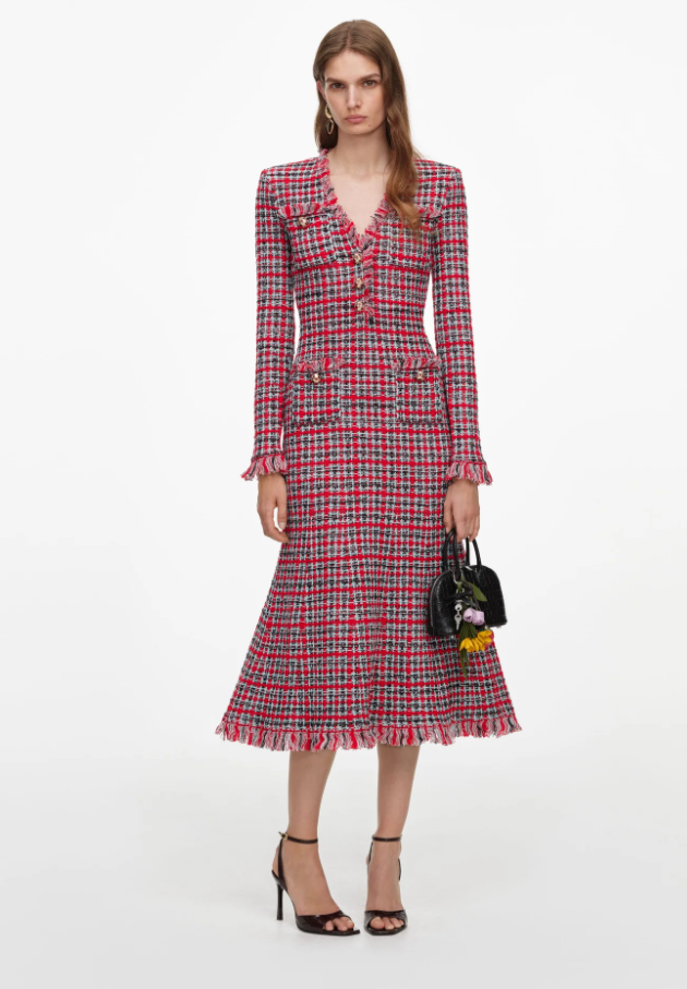RED CHECK FRAYED MIDI DRESS