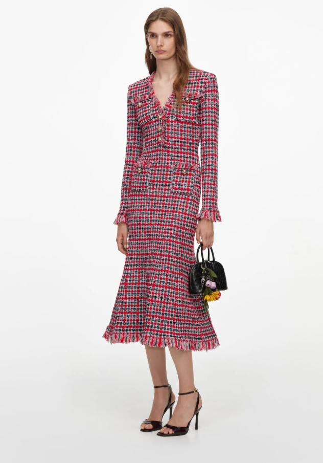 RED CHECK FRAYED MIDI DRESS