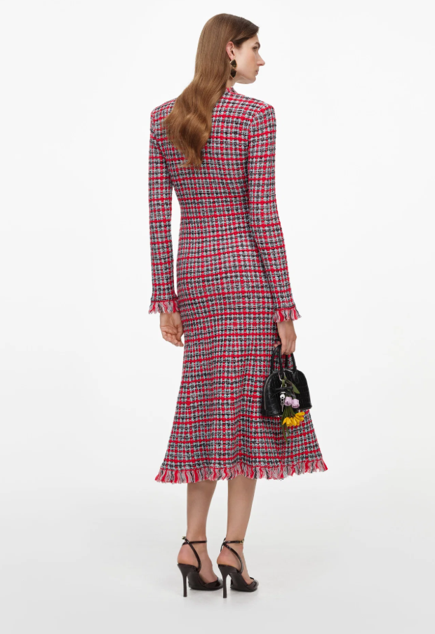 RED CHECK FRAYED MIDI DRESS