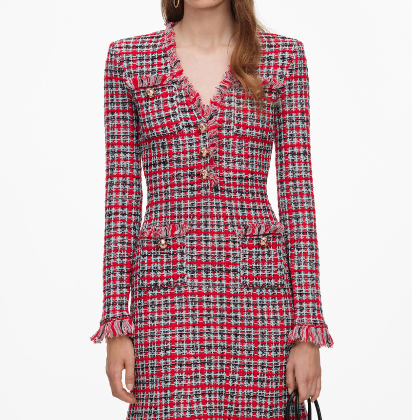 RED CHECK FRAYED MIDI DRESS