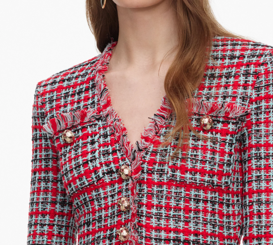 RED CHECK FRAYED MIDI DRESS