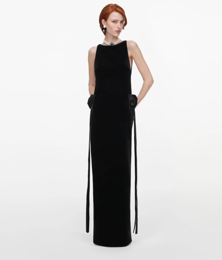 VELVET BOW SIDES MAXI DRESS