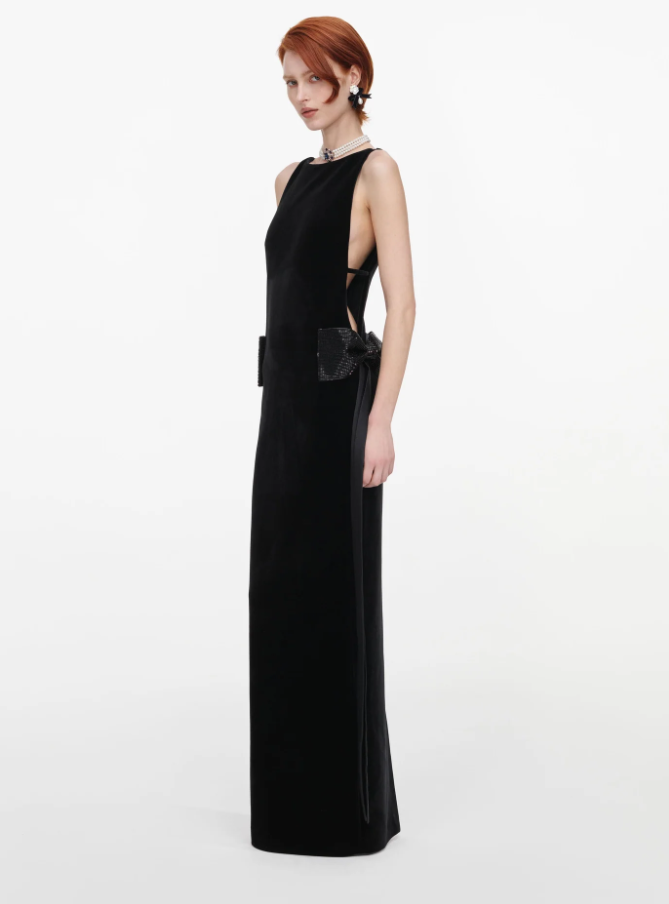 VELVET BOW SIDES MAXI DRESS