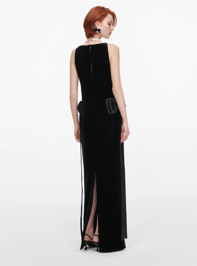 VELVET BOW SIDES MAXI DRESS