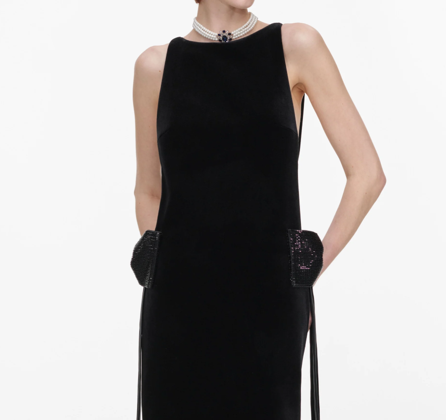 VELVET BOW SIDES MAXI DRESS