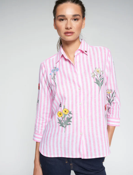 FLOWER EMBROIDERED STRIPED SHIRT