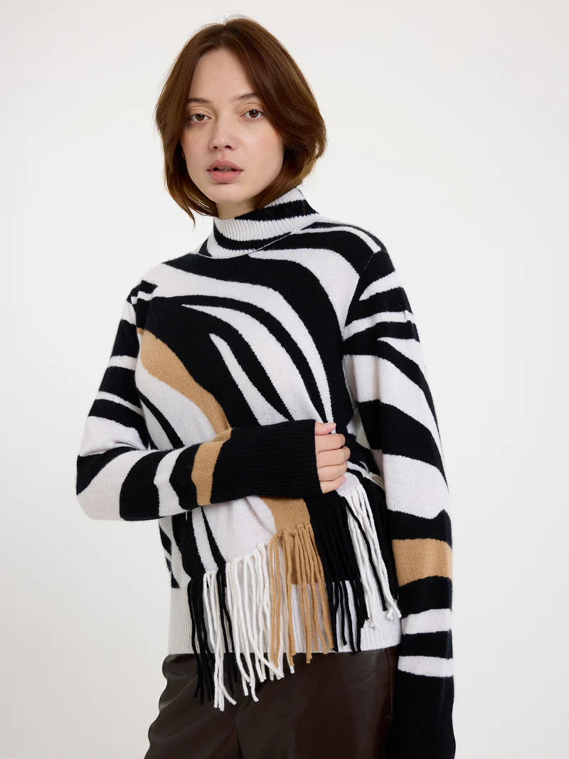 ZEBRA FRINGE MOCK NECK