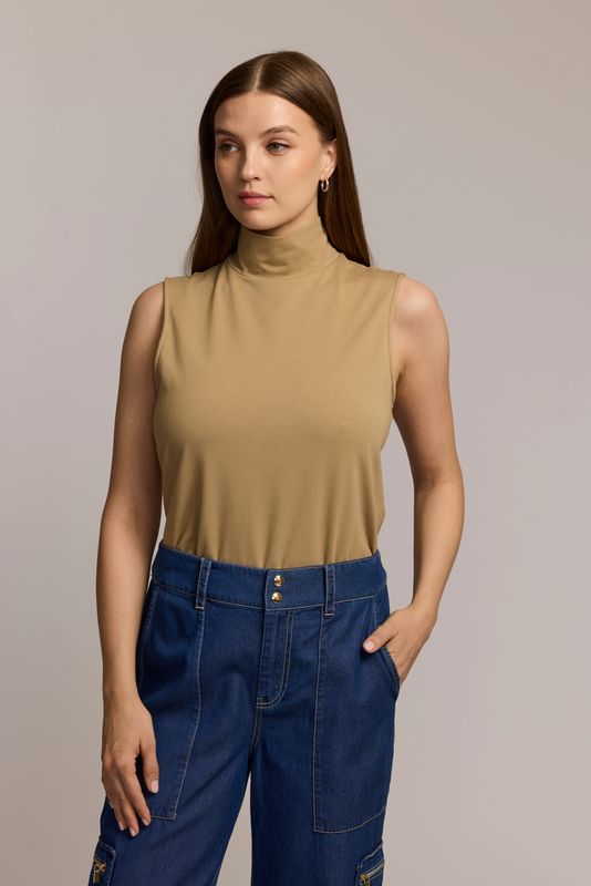 CAROLINA SLEEVELESS MOCK NECK DOUBLE PANEL KNIT TOP