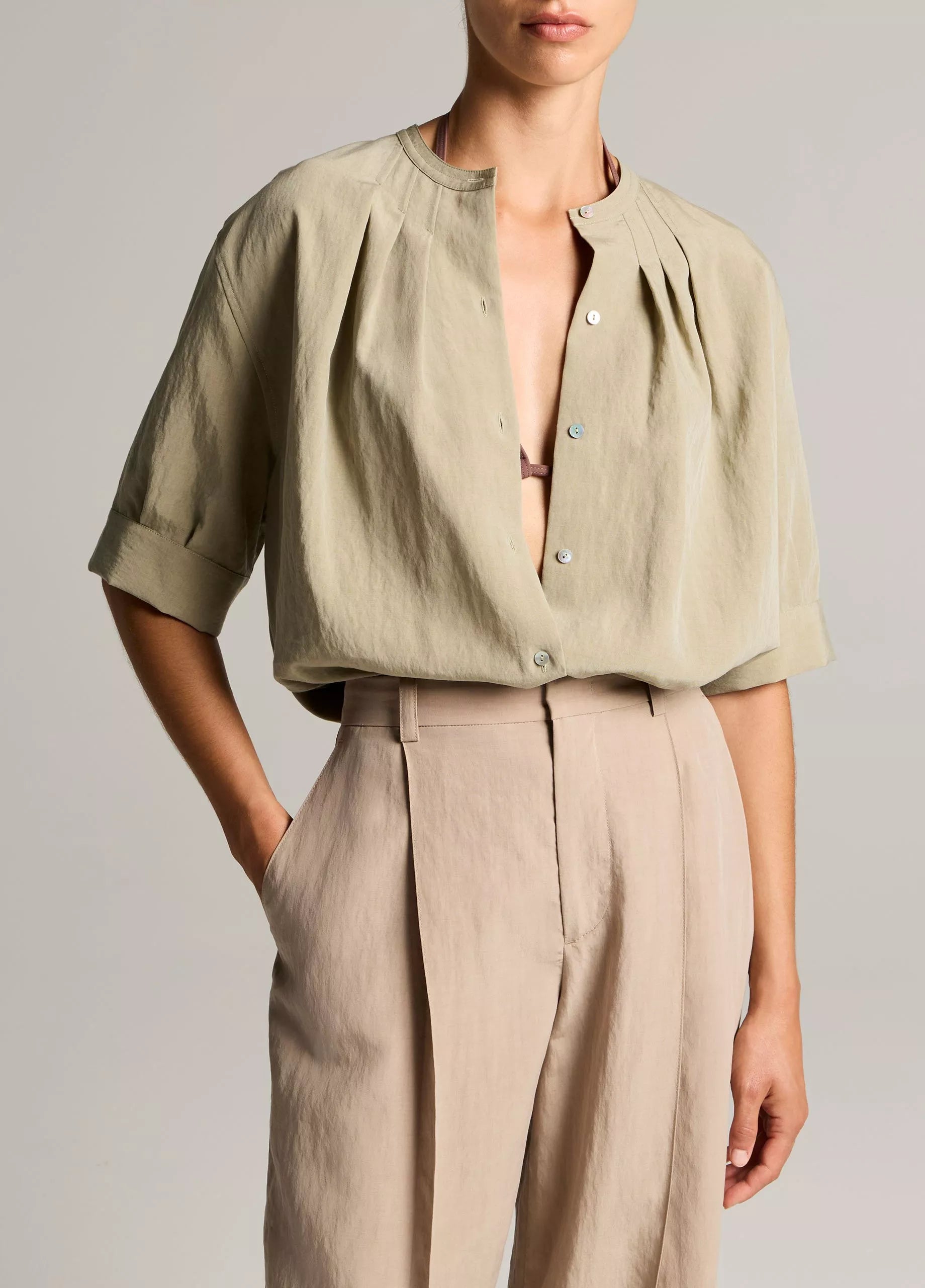 GATHERED A-LINE BUTTON-FRONT SHIRT