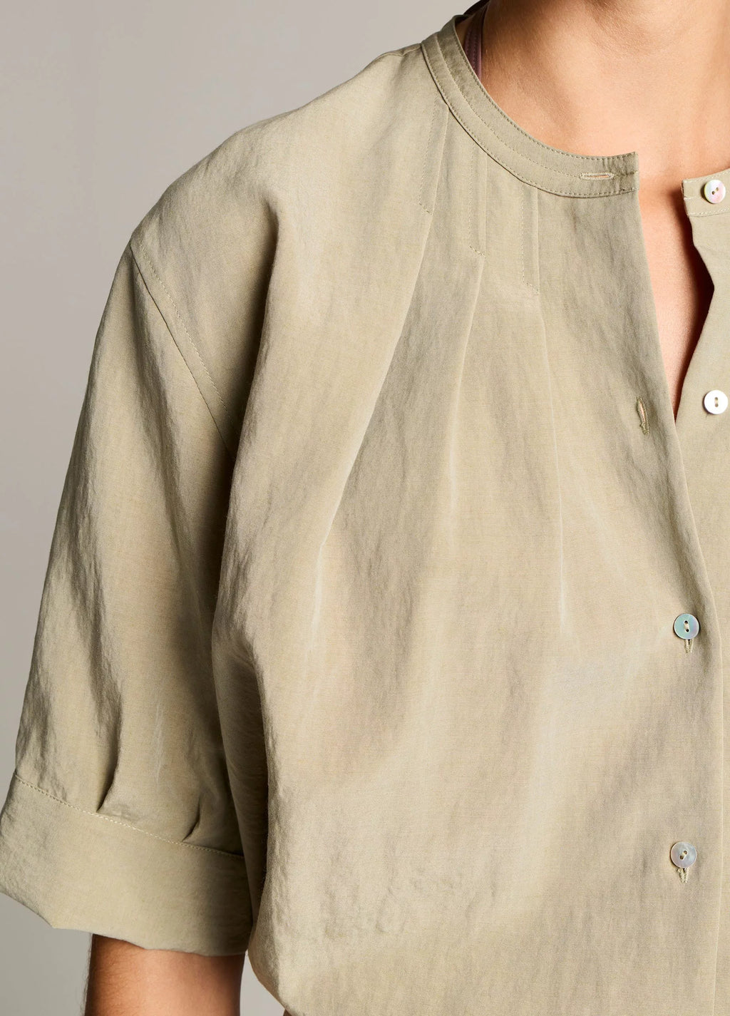 GATHERED A-LINE BUTTON-FRONT SHIRT