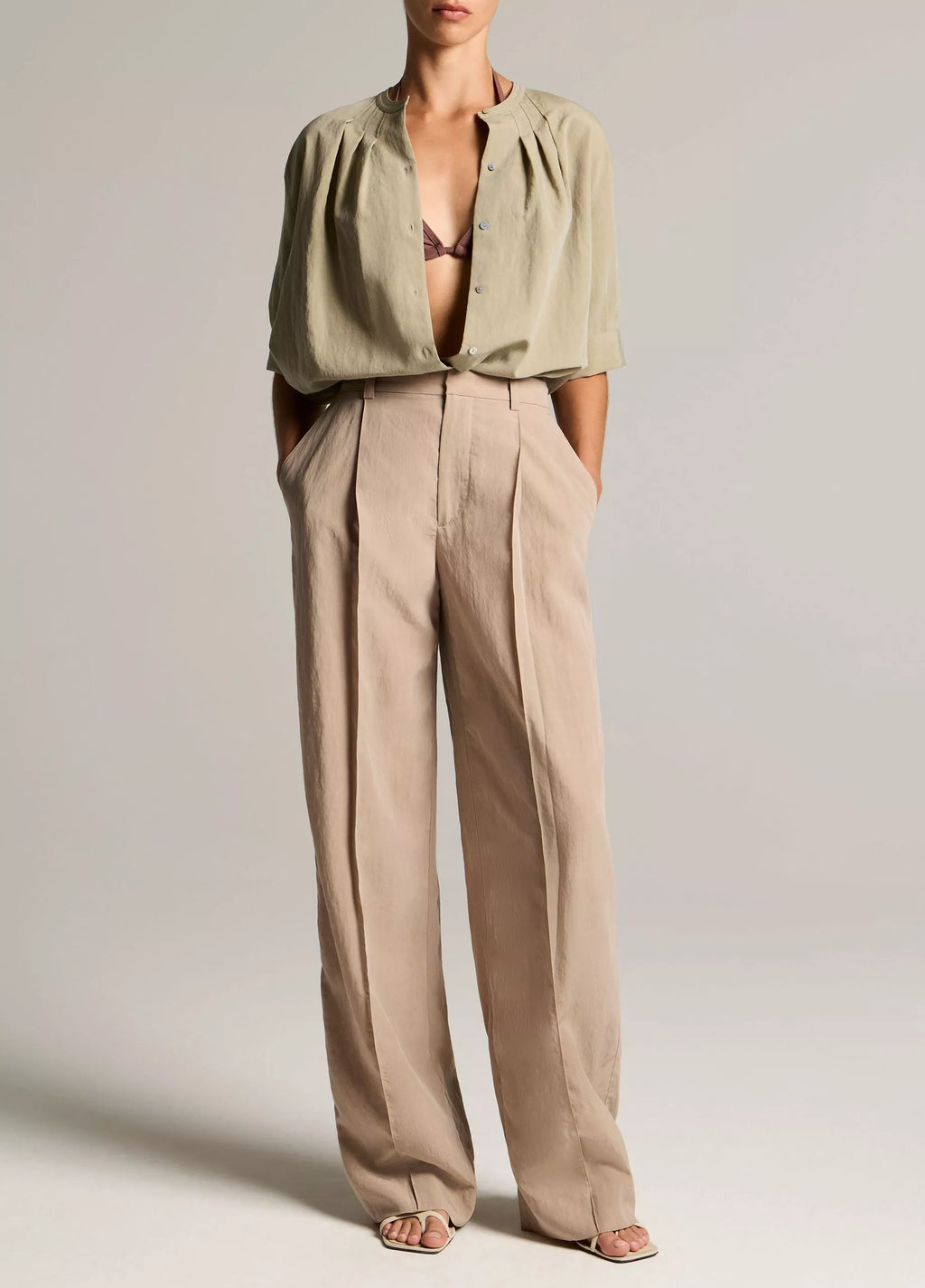 GATHERED A-LINE BUTTON-FRONT SHIRT