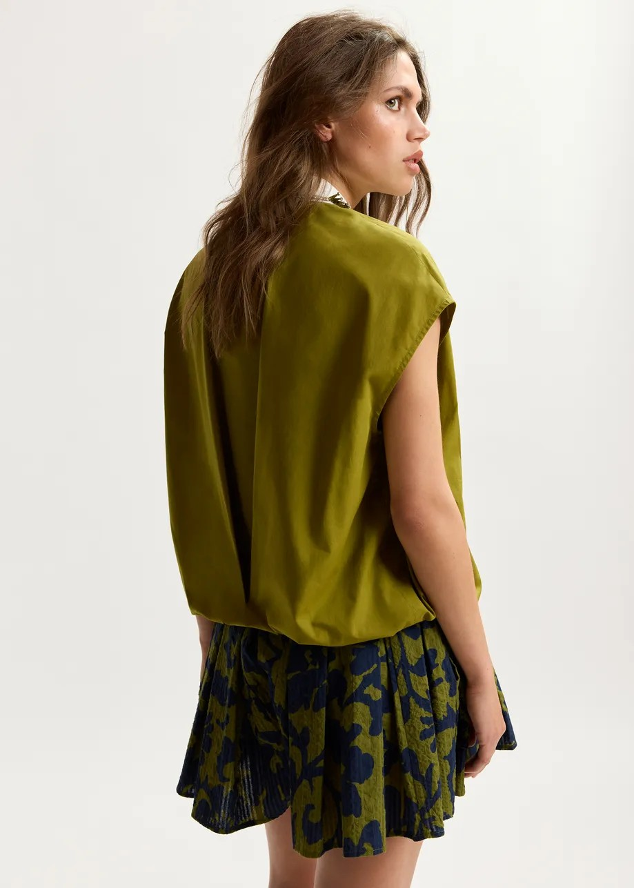 SLEEVELESS COTTON SHIRT WITH EMBELLISHED COLLAR