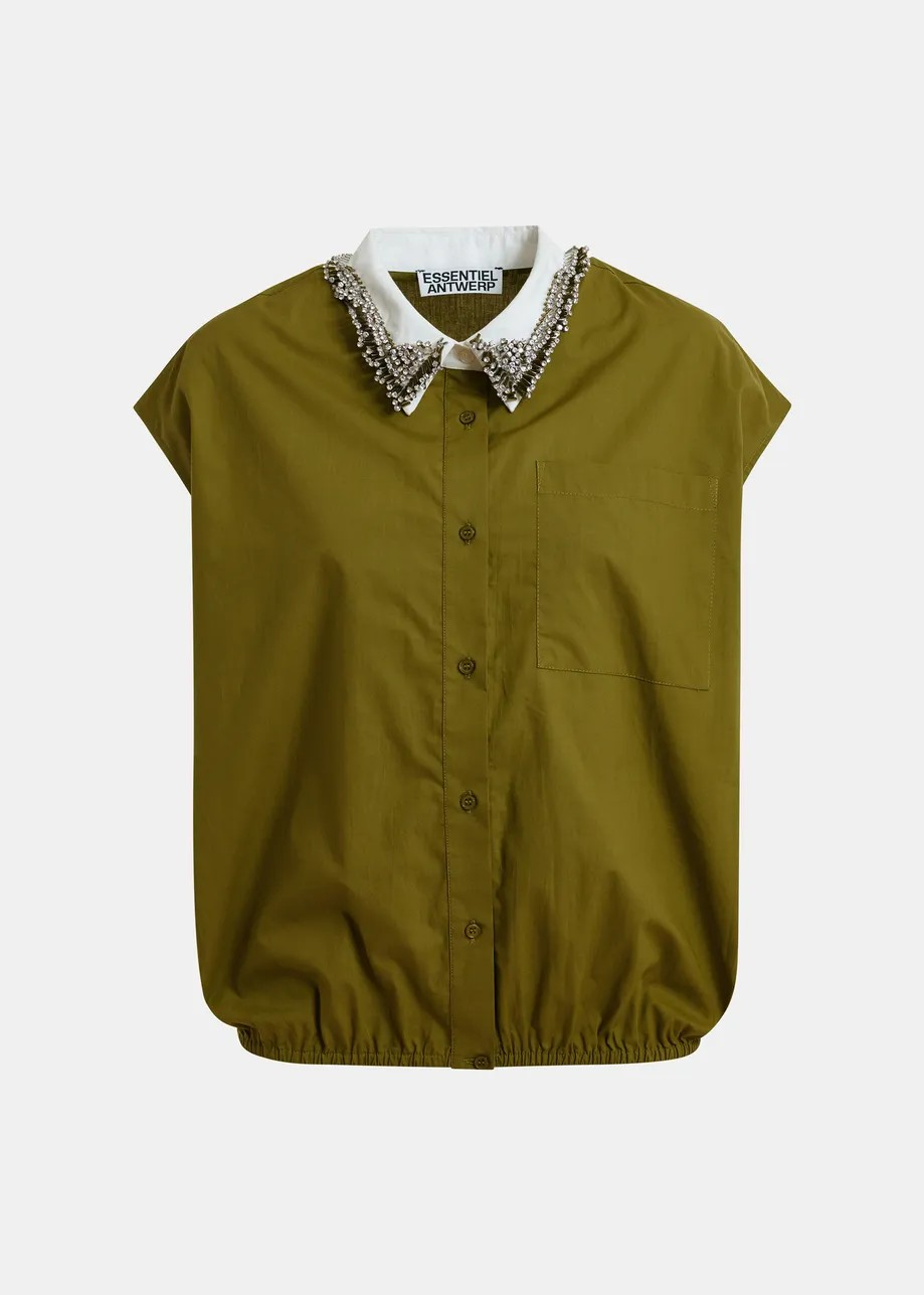 SLEEVELESS COTTON SHIRT WITH EMBELLISHED COLLAR