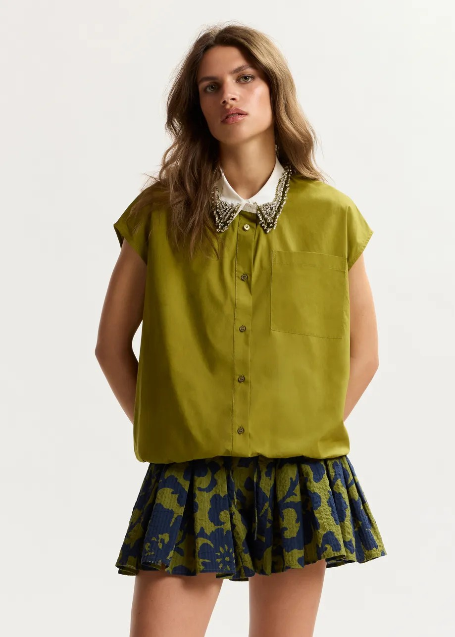 SLEEVELESS COTTON SHIRT WITH EMBELLISHED COLLAR