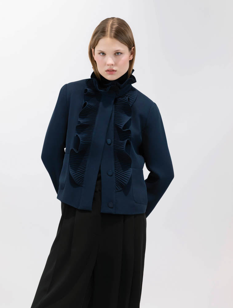 NAVY RUFFLE CARDIGAN