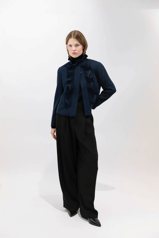 NAVY RUFFLE CARDIGAN