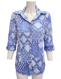 BLUE & WHITE PATTERN BUTTON UP COTTON BLOUSE