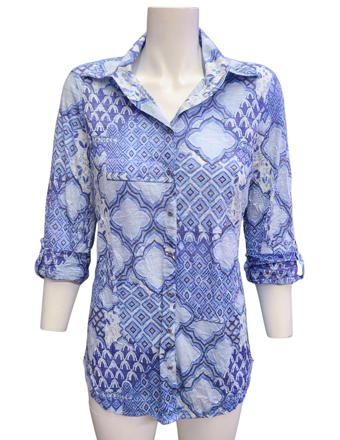 BLUE & WHITE PATTERN BUTTON UP COTTON BLOUSE