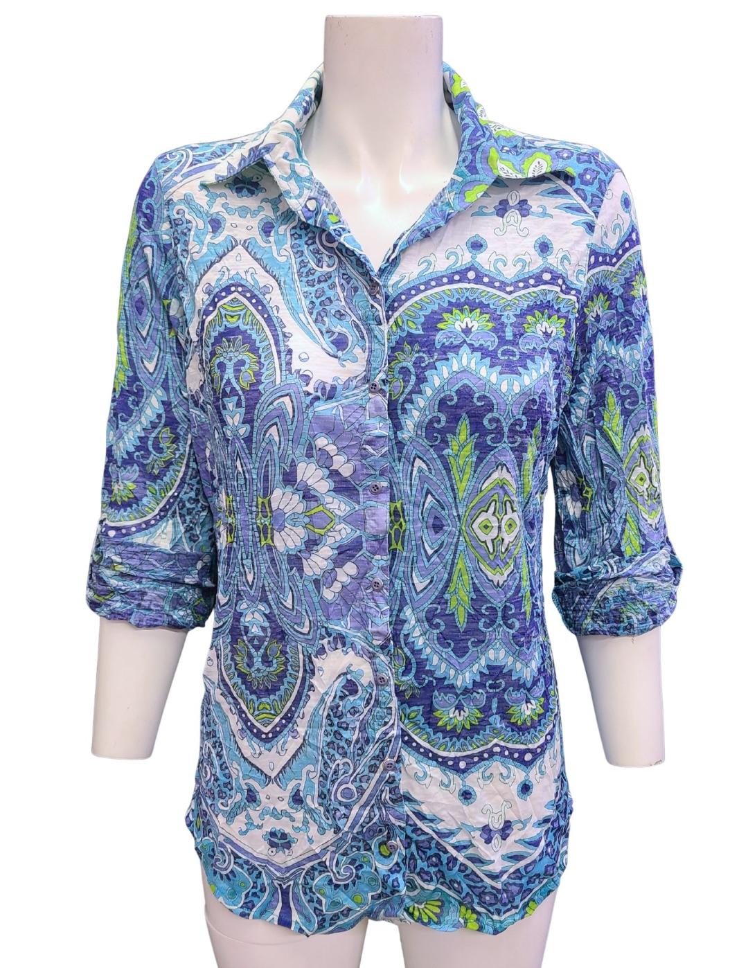 GREEN & BLUE PAISLEY PATTERN BUTTON UP COTTON BLOUSE