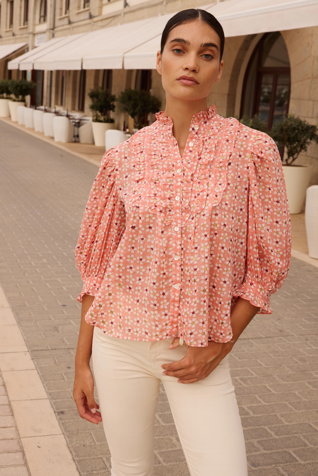 RUFFLE FRONT BUTTON BLOUSE